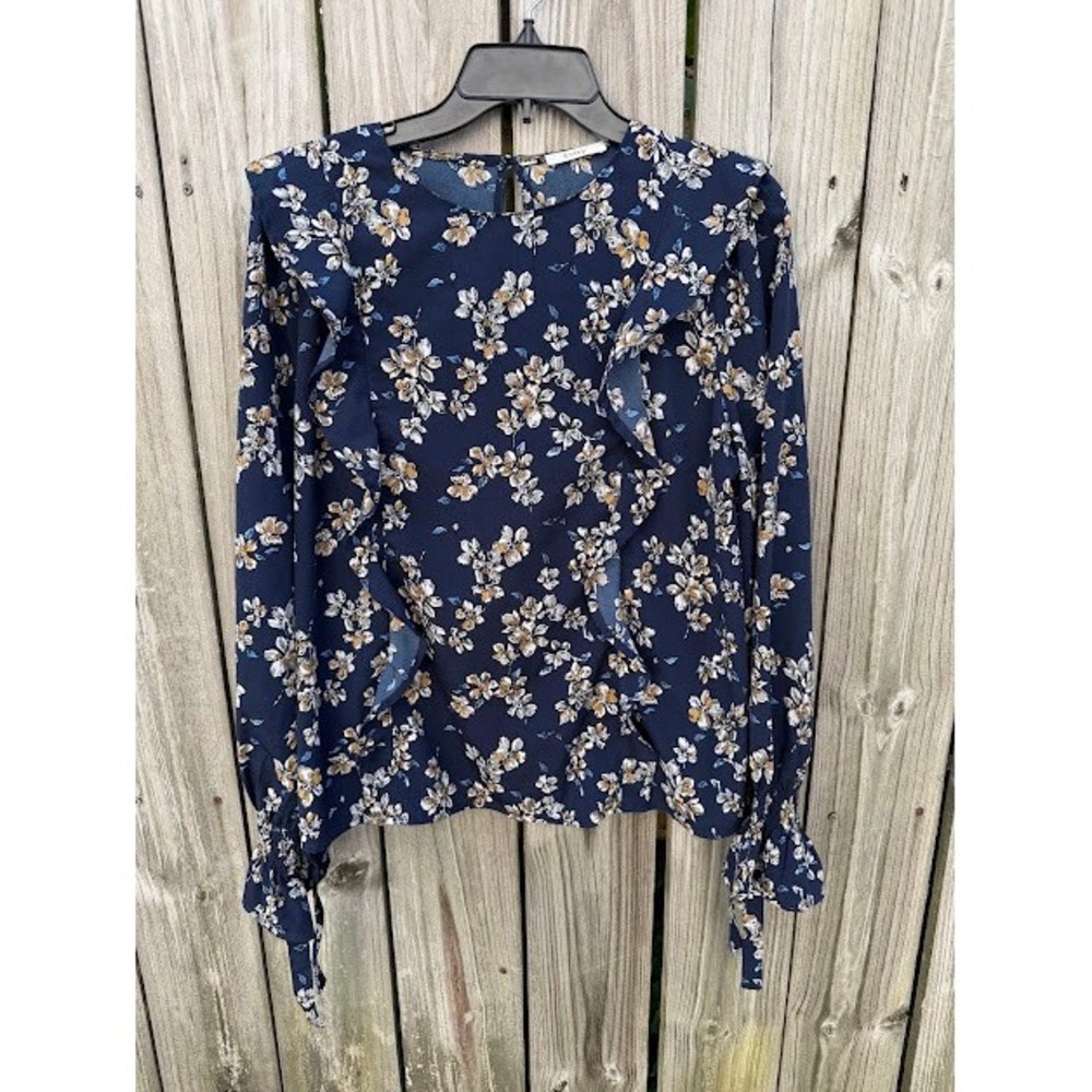 Cottagecore Romantic Esley Floral Blouse S Navy Ruffle Smocked Tie Sleeve Top